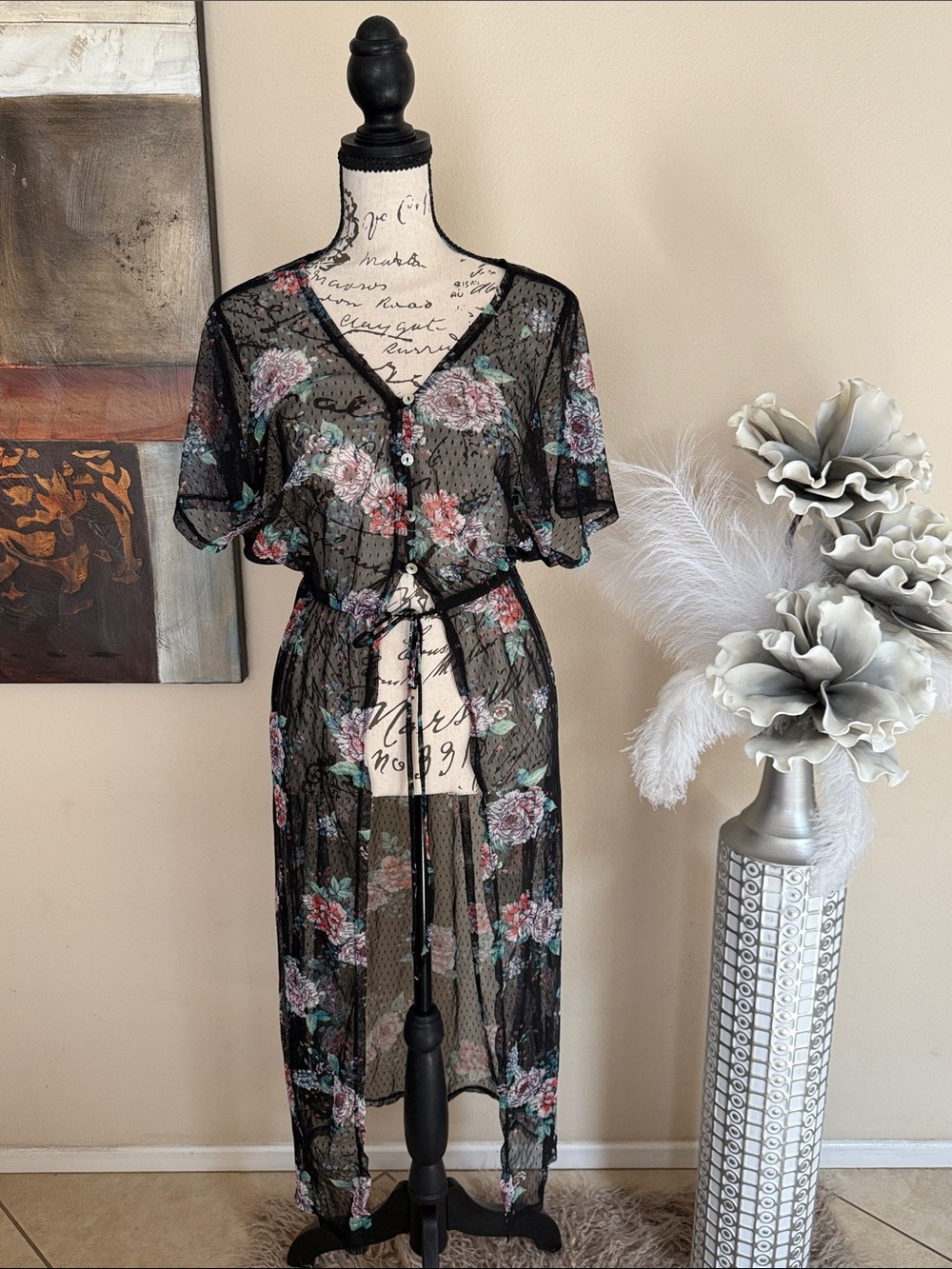 Floral Sheer Mesh Robe Cover-Up - Black